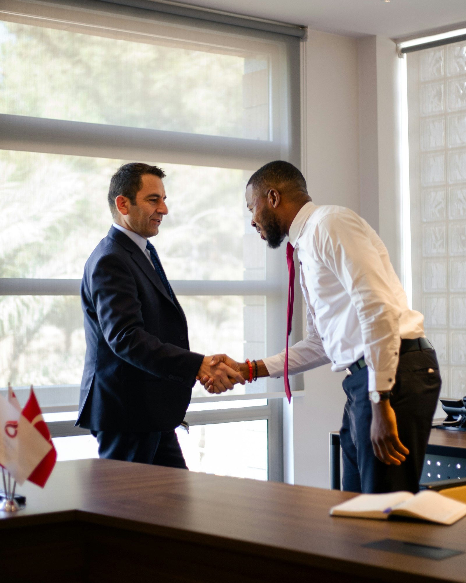 Two men shaking hands in an office